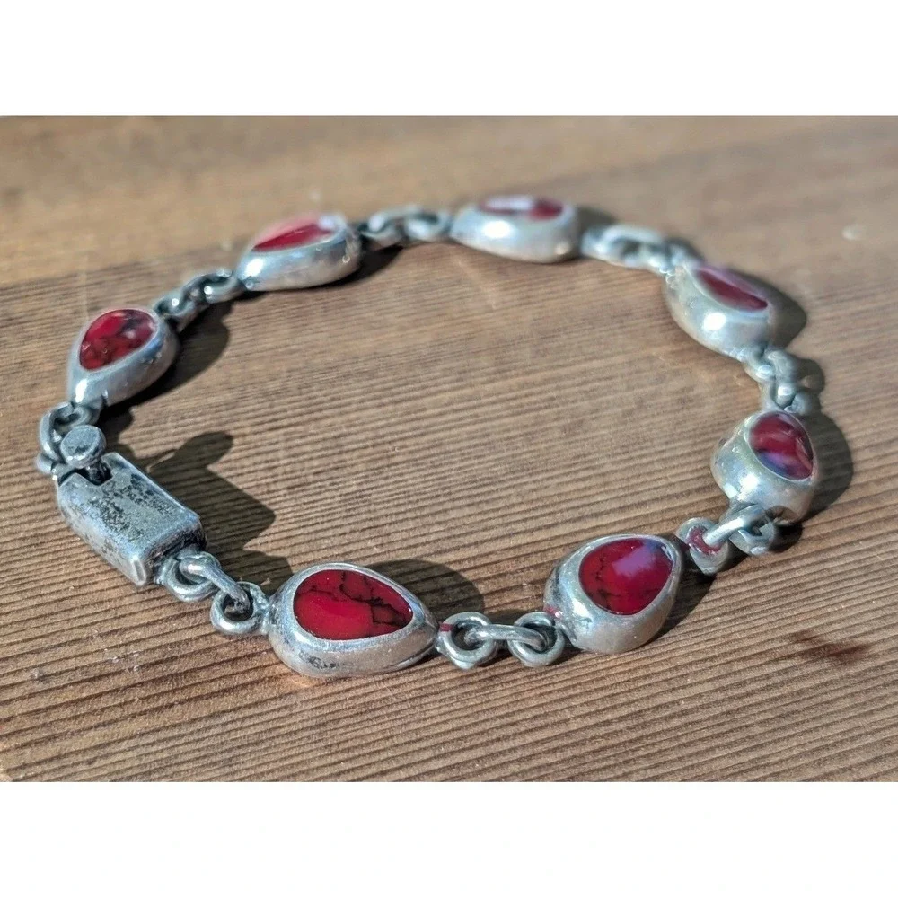 Vintage Sterling Silver Red Jasper Gemstone Teardrop Link Bracelet 925 Mexico